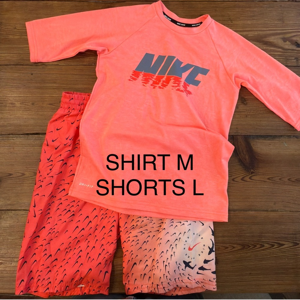 Nike orange rash guard Shirt MED with swim Shorts LRG